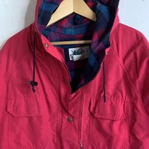 REI Women's sz 14 jacket Vintage hooded Pink/Red Wool plaid lined zip snap coat - Picture 1 of 10