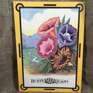 Vtg Burt’s Seed Tin Sign Trumpet Flower Four O Clock USA AAA Sign Co - Picture 1 of 7
