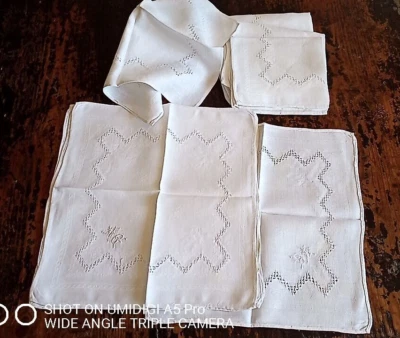 linge de table en damassé ancien - Monogrammé x 11 pièces - Photo 1/4
