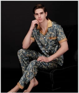 KOSTENLOSER VERSAND USA SOMMER Herren SATIN SEIDE Pyjama Set Kurzarm Lange Lounge Hose - Bild 1 von 3