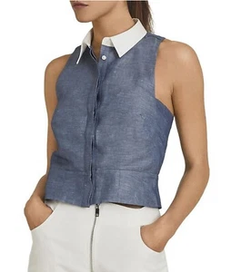 Reiss Nisha Womens Chambray Contrast Collar Top Blouse Size UK4 NEW RRP£115 - Picture 1 of 11