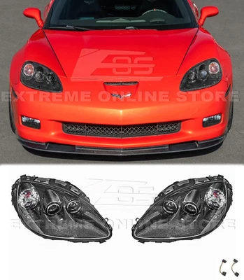 Fits 05-13 Corvette C6 Pair GM Factory HID Headlights DRY CARBON FIBER Housing - Image 1 of 4