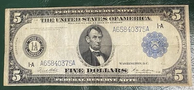 1914 US $5 Federal Reserve Blue Seal Boston 1A Horseblanket Note Columbus - Image 1 of 2