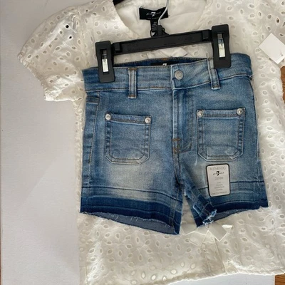 7件装全人类女孩套装2件白色钩针衬衫带牛仔裤短裤7T — 第 1/4 张图片