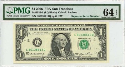 2006 $1 FRN San Francisco Fr# 1933-L PMG CH64 EPQ Repeater Serial # - Image 1 of 2