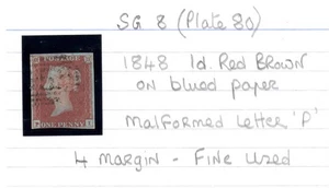 G.B. - SG. 8 ( Plate 80 ) : 1848 " 1d. Red - Brown on BLUED PAPER " . - Picture 1 of 1