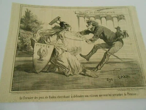 Caricature 19èm - Le Fermier des jeux de Baden cherchant à défendre son râteau - Picture 1 of 1