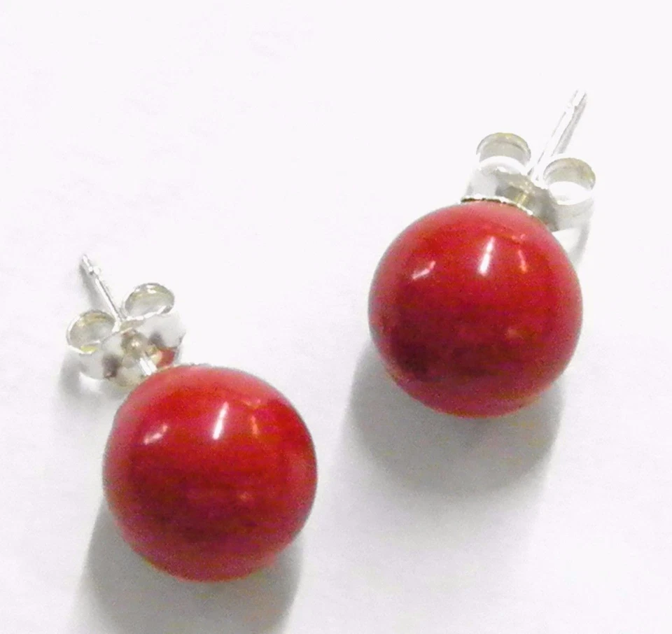 ORECCHINI PALLINA SFERA CORALLO Bambù IN ARGENTO 925%°° BOTTONE - Immagine 1 di 1