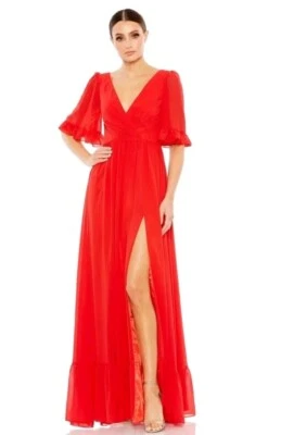 Ieena Mac Duggal Gown Size 12 Maxi Dress Red Flutter Sleeve Wrap Slit NWT$498 - Image 1 of 4