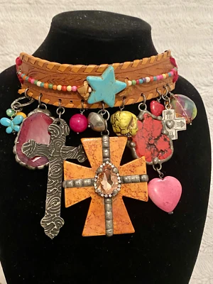 NFR Ready Color Affair Choker /Belt-OS /Western Hat decor w/Turquoise & leather - Image 1 of 4