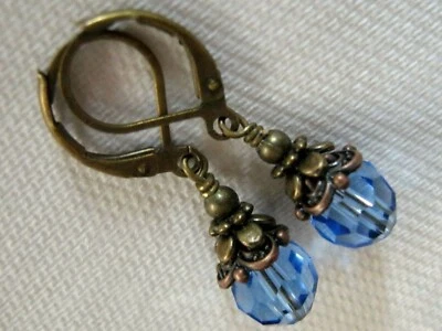 Pendientes colgantes de cristal austriaco azul francés bronce envejecido estilo artesanal vintage Foto 1 de 4
