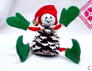 CHRISTMAS PINECONE ELF PIXIE ORNAMENT HANDMADE w RED HAT JINGLE BELL C - Picture 1 of 3
