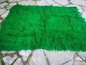 Handmade green shaggy rug, green hand woven 100% wool vintage rug - Picture 1 of 10
