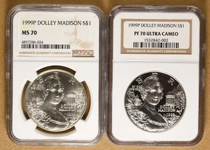 1999 Unc & Proof Dolley Madison Commemorative Silver Dollars NGC MS70 & PF70 - Picture 1 of 2