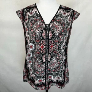 Talbots Blouse Sz XS V-Neck Cap Sleeve Red & Black Paisley Print Side Slits - Picture 1 of 7