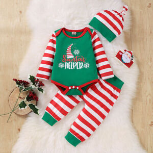 Baby Toddler Christmas Outfit Striped Long Sleeve Romper + Pants + Hat XmasSet☾ə