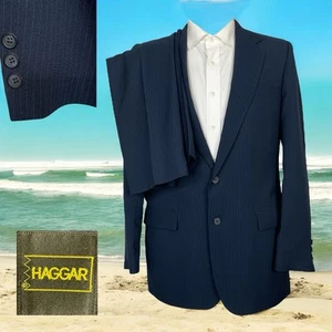 Haggar USA Made 2 Piece Suit Mens 40L 36x32 Navy Blue Striped Two Buttons - Picture 1 of 15