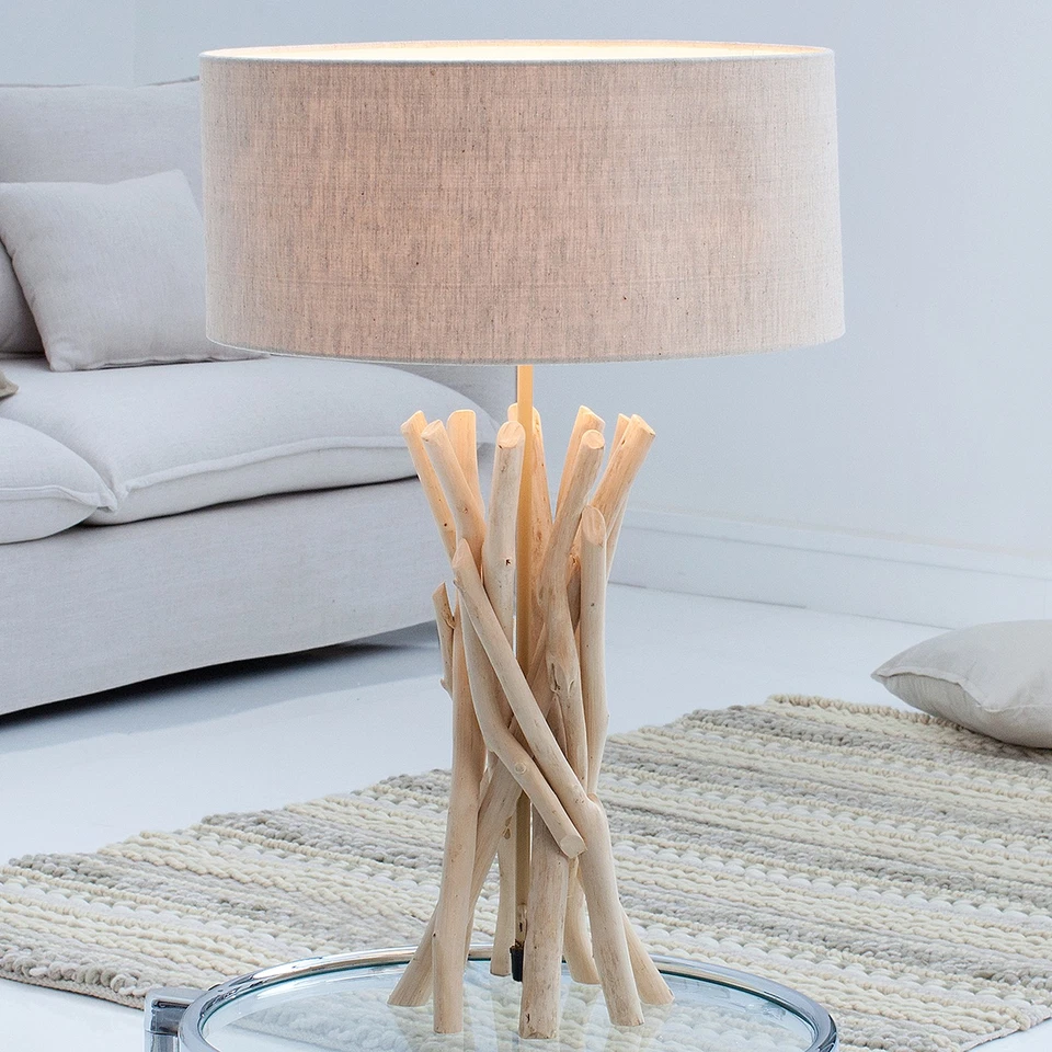 Design Treibholz Tischleuchte WILD NATURE 62cm sand mit Leinenschirm Dekolampe - Bild 1 von 4