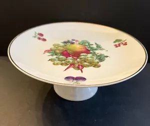  VINTAGE NAAMAN, ISRAEL PORCELAIN PEDESTAL CAKE PLATE WITH FRUIT THEME ACCENT - Picture 1 of 5
