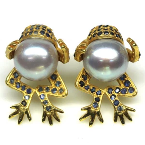 Gemstone 12 mm. Gray Pearl & Blue Sapphire Earrings 925 Sterling Silver 18K Gold - Picture 1 of 4