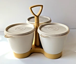 Vintage TUPPERWARE Condiment Caddy Set Almond w 3 Bowls & Lids 4"x4" Made in USA - Picture 1 of 8