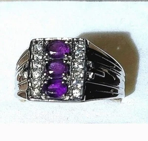 Men's Genuine Amethyst & Zircon Platinum Plated Signet Ring - Picture 1 of 6