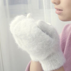 Women's Warm Winter Furry Mittens Gloves Faux Rabbit Fur Wool Soft Wrist Gloves