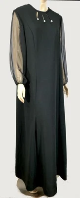 Vintage 70s Goth Mod Maxi Dress Sheer Sleeve Rhinestone Button XXL Plus 20 - Image 1 of 4