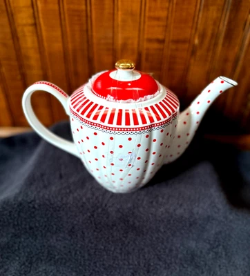 NEW GRACE TEAWARE RED JOSEPHINE TEAPOT DOTS STRIPES FINE PORCELAIN CHRISTMAS - Image 1 of 4