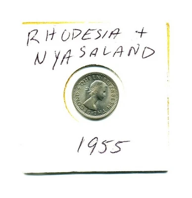 1955 Rhodesia & Nyasaland 3 Pence Coin UNC Queen Elizabeth II Flame Lily - Image 1 of 2