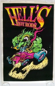 Poster vintage Hell’s Hot Rods Blacklight anni 90 stile Rat Fink arte psichedelica - Foto 1 di 6