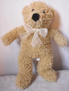 Oso de peluche peludo New Orleans 10 1/2" bronceado lazo blanco ojos con cuentas nariz negra - Imagen 1 de 9