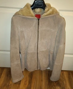 ESPRIT Hooded Suede Leather Beige Zipper Coat w Faux Fur Lining Size X Small EUC - Picture 1 of 12