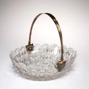 Dutch Cut Glass Oval Centerpiece Basket Bowl with Vermeil Silver Handle Antique - Picture 1 of 9