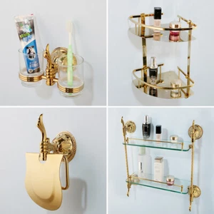 Gold Wall Mount Towel Rack&Hanger Shelf&Toilet Paper&Brush Cup Accessories - Picture 1 of 49