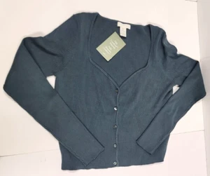 H & M Woman's Square V-Neck Button Up Sweater Blue Green Long Sleeve Size Large - Picture 1 of 13