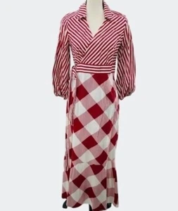 New York & Company Red White Striped Maxi Wrap Dress With Checkered Skirt Medium - Picture 1 of 8
