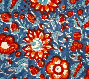 Blue Red Cotton Voile Indian Block Print By the Yard Fabric for Sewing Dress - Picture 1 of 8