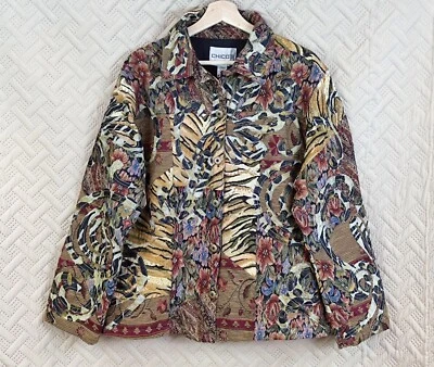 Chicos Jacket Tapestry Stitched Floral Animal Pattern Wool Blend Buttons Size 3 - Image 1 of 4