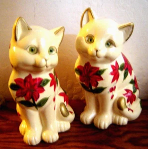Baum Bros Formalities Cat Figurines Poinsettia Christmas Collection Vintage Pair - Picture 1 of 10