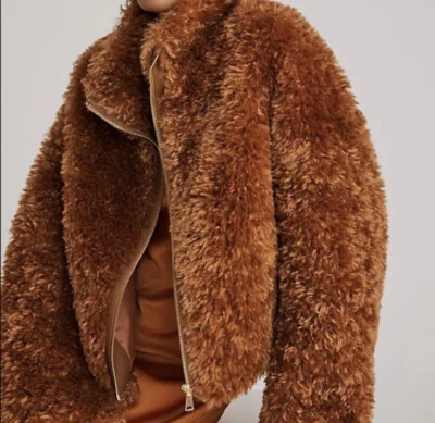 NUEVO CON ETIQUETAS $170 Anthropologie Maeve Peluche Imitación Piel Abrigo Chaqueta Bomber Miel Crop 2X Foto 1 de 4