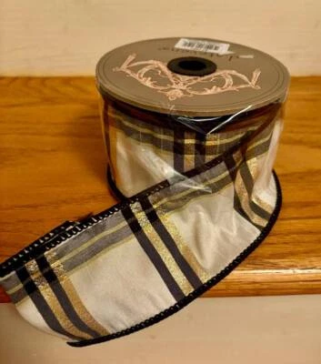 D STEVENS~2-1/2" BLACK/GOLD/IVORY PLAID~WIRED RIBBON SPOOL~10 YARDS~NEW - Image 1 of 2