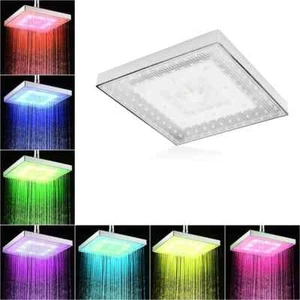 LED Square 8 Inch Rainfall Shower Head Sprayer 7 Colors Changing Square Shower - Picture 1 of 11