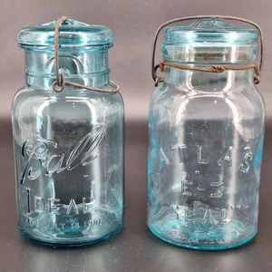 Lote De Colección De 2 Tarros De Conserva Azul 1 Bola Ideal #6 Y Sello Atlas E-Z - Imagen 1 de 10