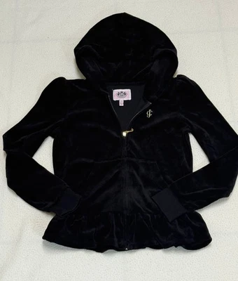 Vintage Juicy Couture Girl's Velour Full Zip Hoodie w/ Ruffles-Size L/8/10-Black - Image 1 of 4