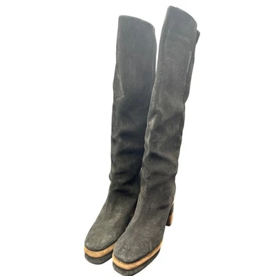 Botas de plataforma hasta la rodilla de gamuza negras - suela de cuero, tacón ancho, talla 8 Foto 1 de 4