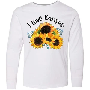 Inktastic I Love Kansas With Sunflowers Youth Long Sleeve T-Shirt State Home Tee - Picture 1 of 3