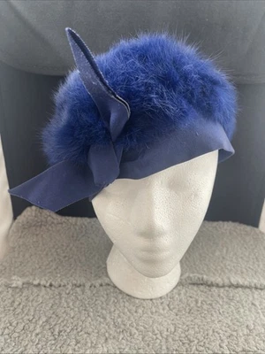 Rare Royal Blue Rabbit Fur Bow Beret Cap Hat Excellent Condition Vintage 40-50’s - Image 1 of 4