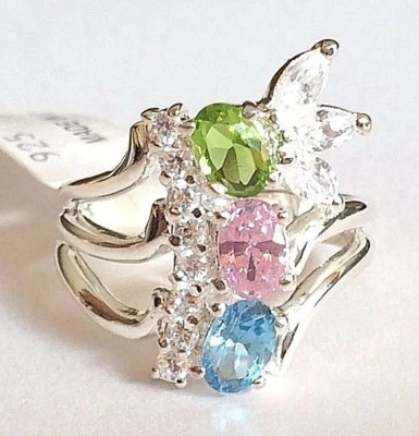 Anillo de cóctel Art Deco vintage de plata de ley talla 8 9 10 rosa azul verde 925 Foto 1 de 4