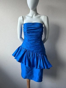 Vestido y bolero SIERRA DESIGNS azul seda tafetán sin tirantes UK12 vintage años 80 WOW* - Imagen 1 de 9